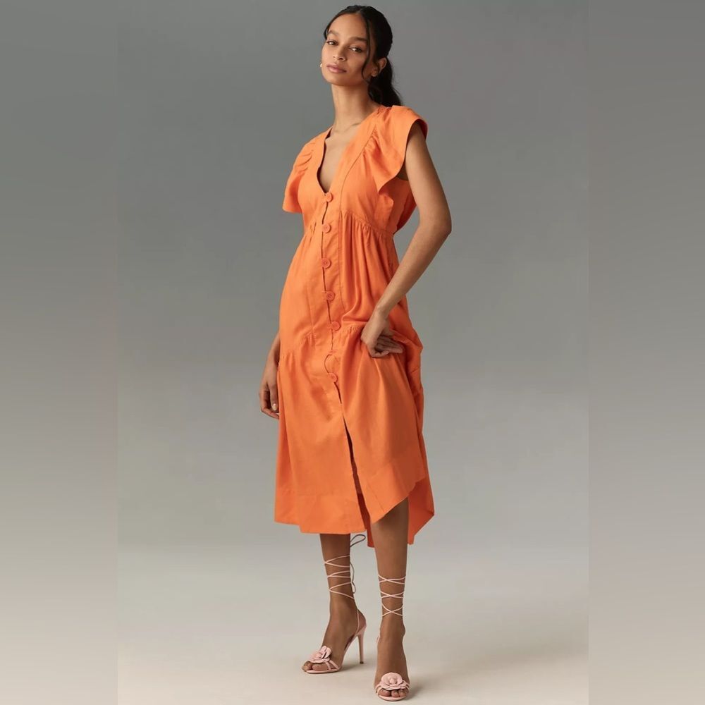 Anthropologie The Reneé Flutter-Sleeve Linen Button-Front Midi Dress Size XS